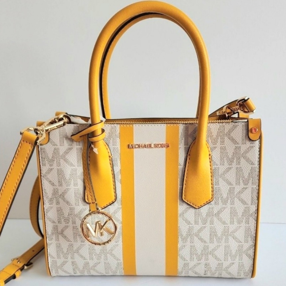Michael Kors Center Stripe SUN Yellow Signature MAPLE small Satchel Tote NWT!